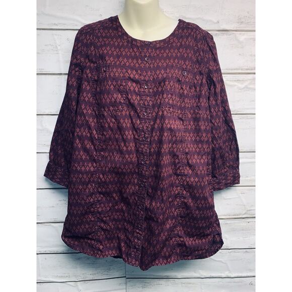 Duluth Trading Co Womens L Blouse 4 Pockets 3/4 Slv Maroon Rust Full Button EUC - Picture 12 of 14